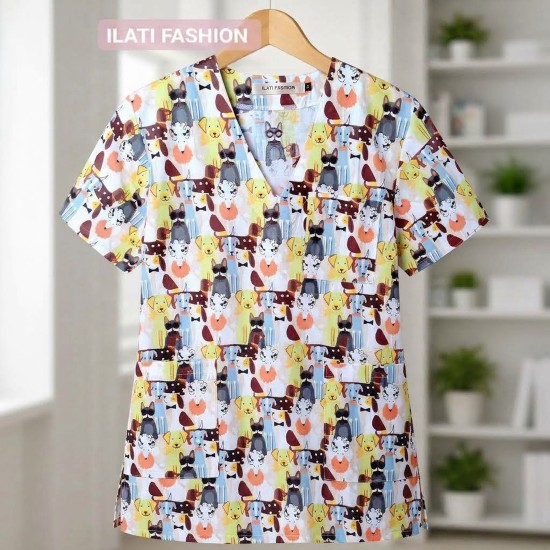 Dorka nővér tunika, fehér alapon kutya mintával - Ilati Fashion