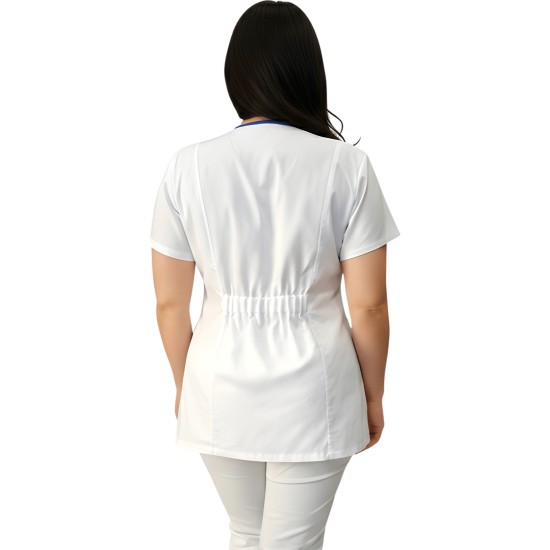 Női egészségügyi formaruha – cipzáros, elegáns munkaruha saját névvel bordó virágmintával, Dina