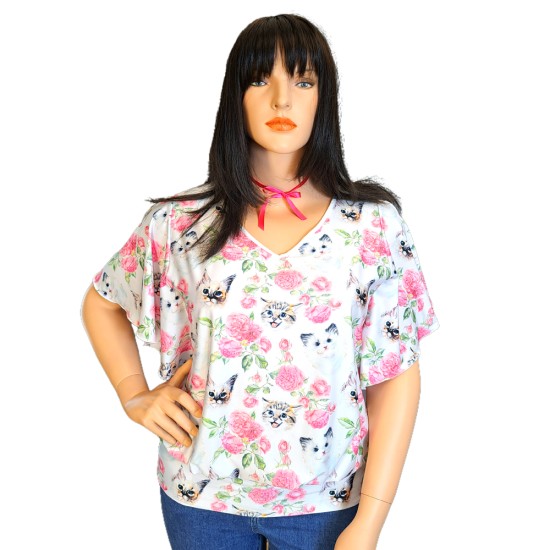 Mircella lepke ujjú, "V" dekoltázsú felső, cica mintával