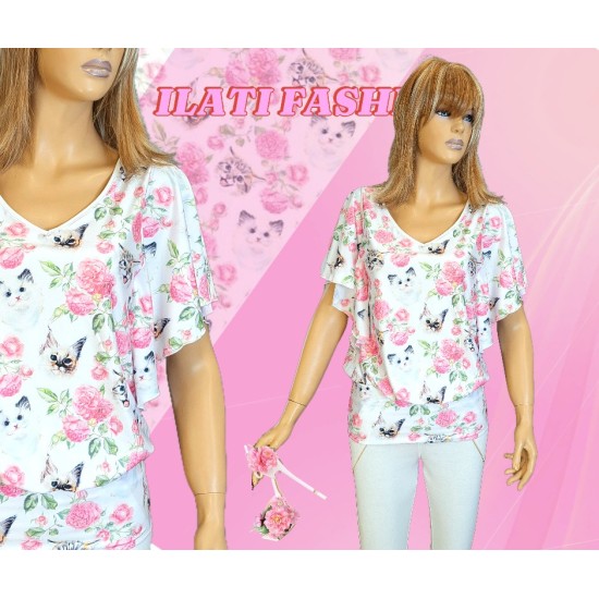 Mircella lepke ujjú, "V" dekoltázsú felső, cica mintával