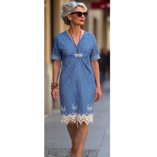 Női laza nyári ruha  V-nyakú, csavart elejű, csipkés aljú kényelmes elegáns ruha  Frida