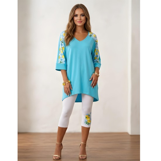 Női pamut nadrágos szett V nyakkal türkis-fehér citrom motívummal, S–5XL méretben ,Sorrento modell