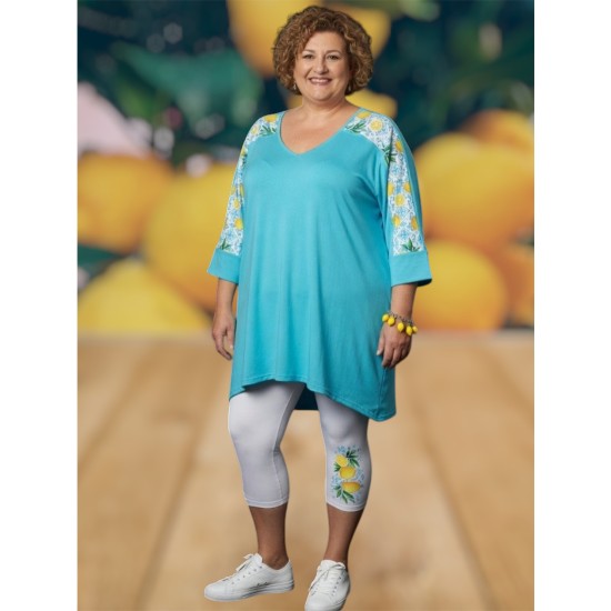 Női pamut nadrágos szett V nyakkal türkis-fehér citrom motívummal, S–5XL méretben ,Sorrento modell