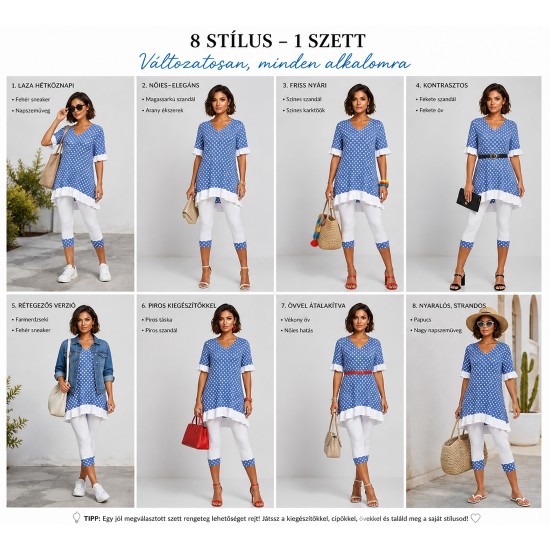 Nyári tunika szett , pöttyös A-vonalú felső leggingsszel (S–2XL) Andrea