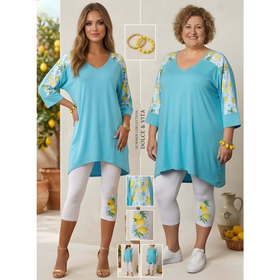 Női pamut nadrágos szett V nyakkal türkis-fehér citrom motívummal, S–5XL méretben ,Sorrento modell